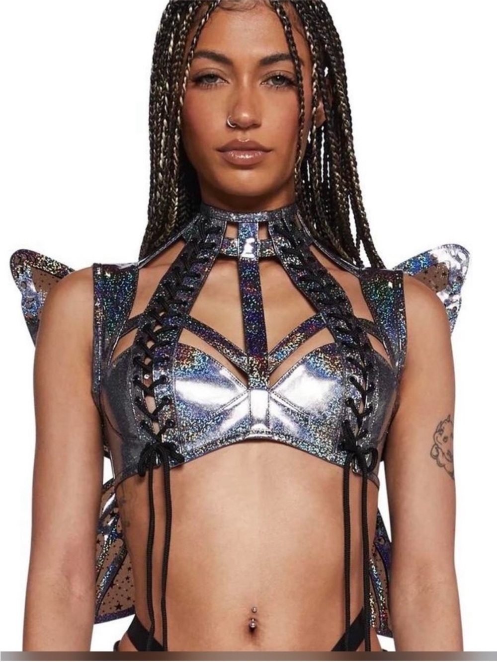 NWT Club Exx Dolls Kill Holographic Rave Costume Dance Set Silver Festival L XXL